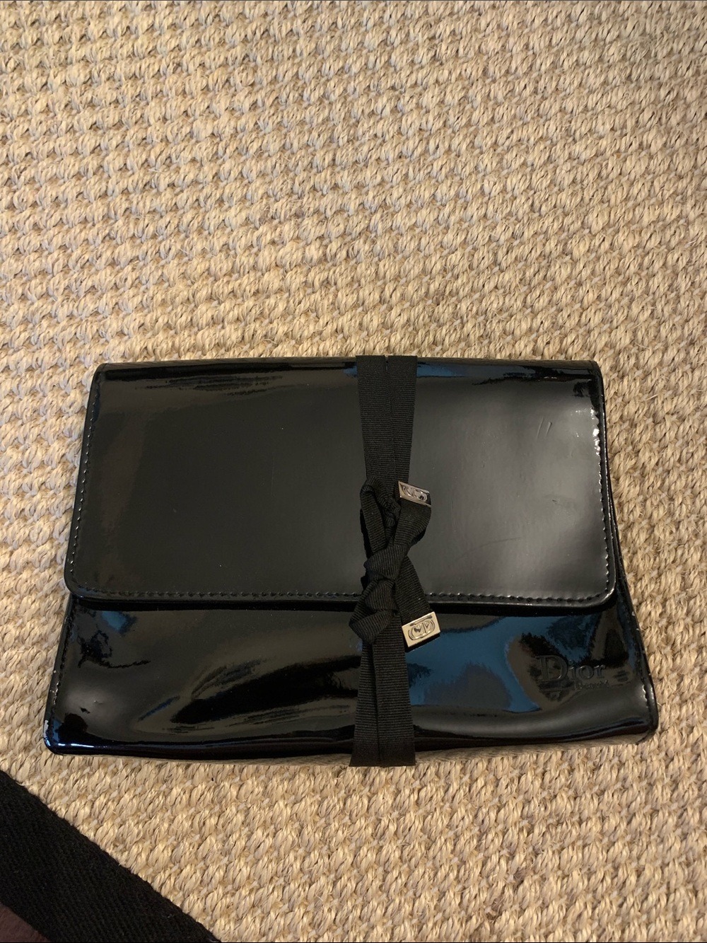 Dior Beaute Black Patent Leather Ribbon-Detail Clutch